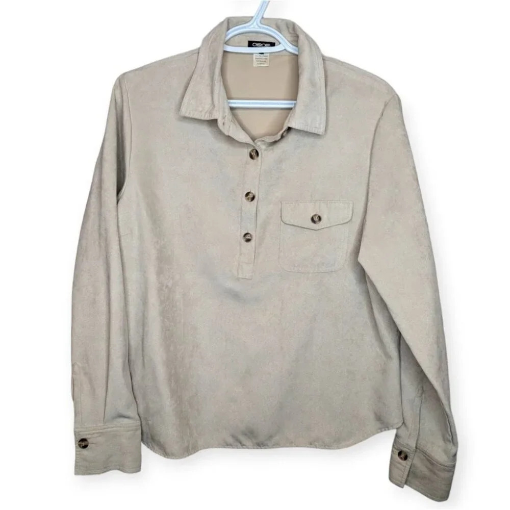 Vintage Cherokee 1/4 Button Down Collared Top Cream Neutral Women Large